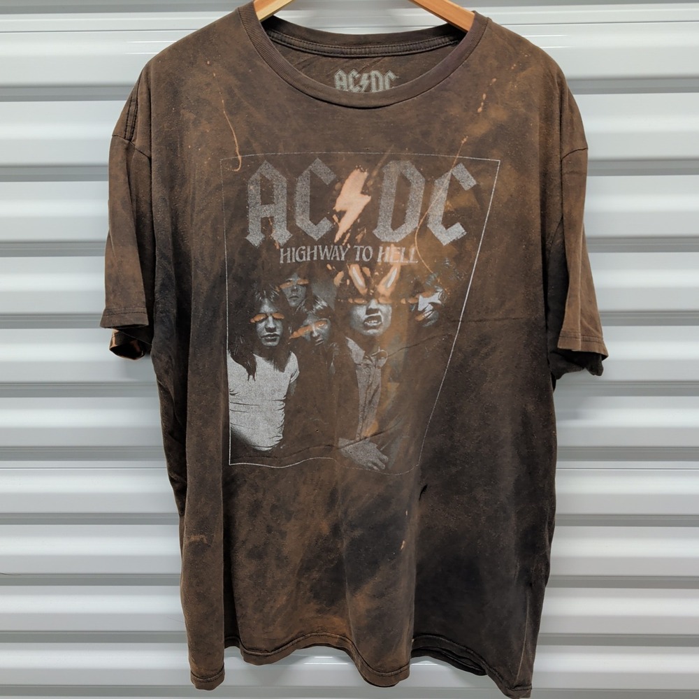 AC/DC Highway to Hell T-Shirt 2XL Mens Brown‎ Bleach Wash Graphic Rock Band Tee